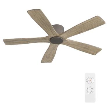 Imagem de WINGBO Ventiladores de teto CC de montagem embutida de 137 cm sem luzes, 5 lâminas de madeira maciça esculpida, motor CC reversível de 6 velocidades, ventilador de teto de baixo perfil sem luz para