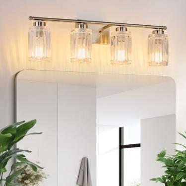 Imagem de ALAISLYC 4 luminárias de banheiro modernas de níquel escovado 71 cm para luminárias de banheiro sobre espelho com sombra de vidro espesso para armário espelho quarto corredor