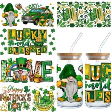 Imagem de Adesivos para copos DTF UV Dia de São Patrício, 5 folhas de copo Uvdtf Irish Day, trevo verde, trevo anão, ferradura, esfregar na transferência, impermeável, tema da sorte, filmes de transferência DTF