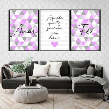 Imagem de Kit 3 Quadros Fé Amor Geométrico Triângulos 45X34 Preta