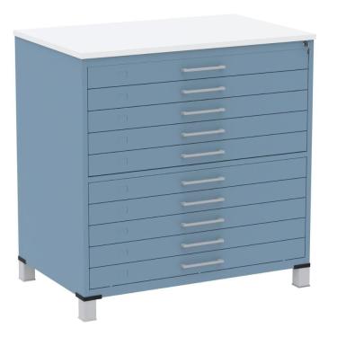 Imagem de Mapoteca 10 Gavetas Pandin 120cm (larg) Inmetro Tampo Mdp Branco Estrutura E Gaveta Em Aço Azul Dali