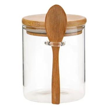 Imagem de Pote de Vidro 250 mL com Tampa Hermética de Bambu e Colher - Para Temperos e Cereais 