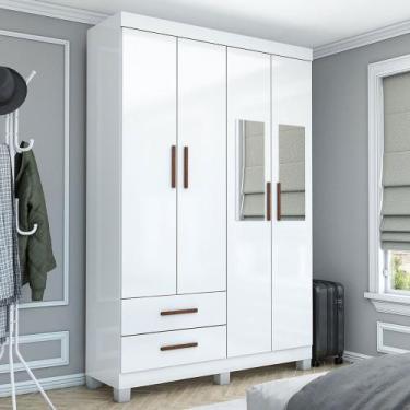 Imagem de Guarda-Roupa Solteiro Solo 4 Portas 2 Gavetas com Pés e Espelho Branco
