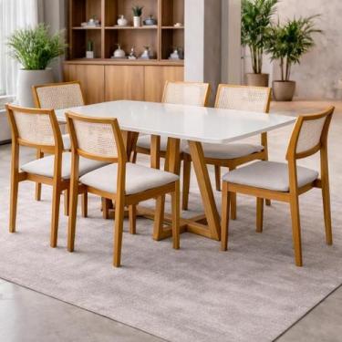 Imagem de Mesa de Jantar para 6 Lugares Madeira Maciça nos Pés Tampo Mdfvidro Me