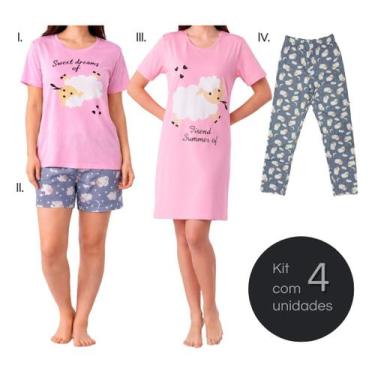 Imagem de Kit 4 Peças Conjunto Pijama Feminino Estampado Leve Mais 898 - Fashion