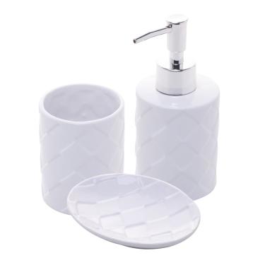 Imagem de Cj 3 Acessórios de Bancada para Banheiro/Lavabo de Cerâmica Branco Toulon Casa Limpa