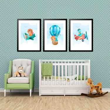 Imagem de Kit 3 Quadros Grandes Quarto Infantil Esquadrilha Dino 60x48cm