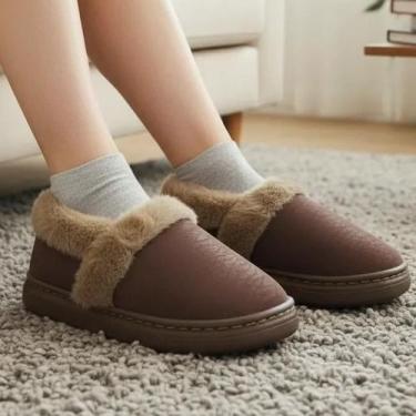 Imagem de Pantufa Feminina Adulto Fechada Com Pelinhos 34 ao 39 - NoBrand, Marro