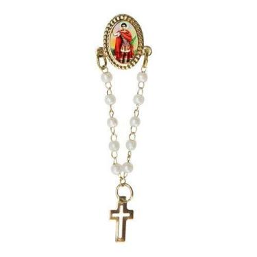Imagem de Broche Bóton Santo Expedito Oval Terço Pérola - Dúzia - SANTISSIMA