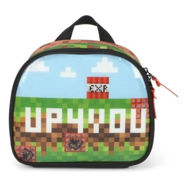 Imagem de Lancheira Térmica Infantil Luxcel Minecraft Pixel Poliéster e Pvc 19cm X 23cm Verde Escolar