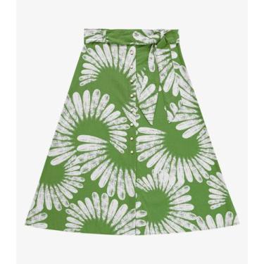 Imagem de Saia Feminina Midi Evasê Linho Estampada Endless Verde, G, Verde