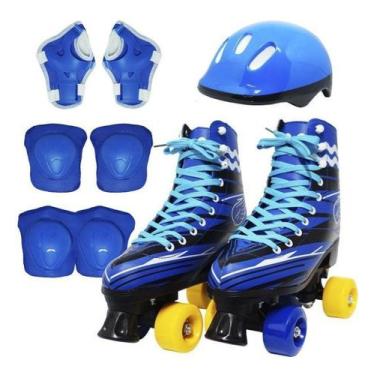 Imagem de Patins Roller 4 Rodas Clássico Com Kit De Proteção Capacete Azul Taman