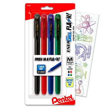 Imagem de Pentel EnerGel FLASH! Caneta adesiva de gel líquido, (0,7 mm) linha média, ponta de metal, Energel preto, vermelho, verde, tinta colorida azul, pacote com 4 inclui marcador de livro colorido licenciado separadamente