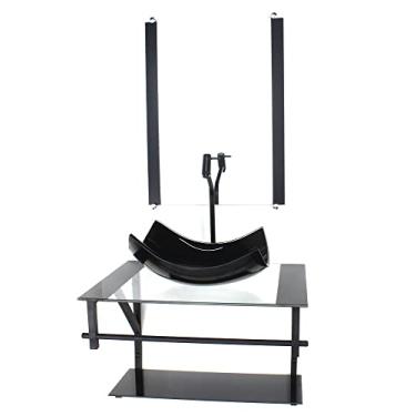 Imagem de GABINETE DE VIDRO PARA BANHEIRO 60CM AP CUBA RETANGULAR CURVADA PRETO COM TORNEIRA PRETA