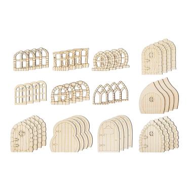 Imagem de balikha 48 peças portas e janelas DIY peças de madeira sem pintura 12 padrões enfeites kit casa de fadas para árvores de aniversário ornamento ao ar livre, estilo retrô