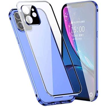 Imagem de KKFAUS Capa de telefone de vidro flip magnético, capa de telefone com moldura de metal de vidro temperado de dupla face transparente para Apple iPhone 12 Mini (2020) 5,4 polegadas (cor: azul)