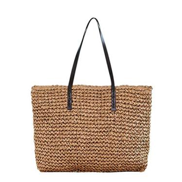 Imagem de CHIC DIARY Bolsa feminina de ombro de palha feita à mão grande com alças de praia de verão e zíper, Caqui