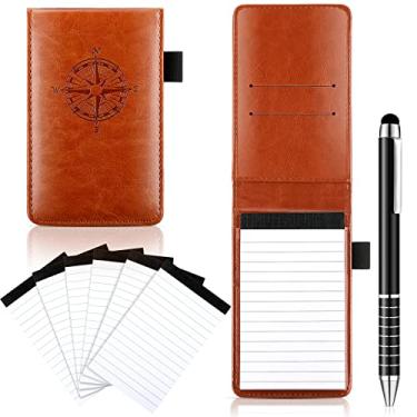 Imagem de Conjunto de suporte de bloco de notas de bolso com 8 peças, inclui mini suporte de bloco de notas de bolso com 50 folhas forradas, caneta de metal e 6 refis de livro de notas de 7,6 x 12,7 cm, 30 papel forrado por bloco para escola, marrom