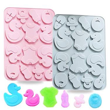 Imagem de 2 pacotes de moldes de silicone fofos para bebê, molde de cozimento temático de chá de bebê 3D, moldes de fondant de borda de bolo ferramentas de decoração de bolo para chocolate, doces, moldes de goma