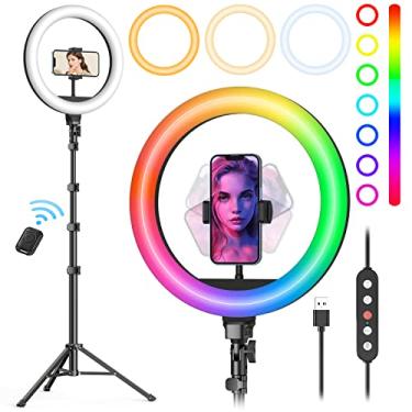 Imagem de Ring light Weilisi de 25,4 cm com suporte de 182 cm de altura e suporte de telefone, luz de selfie com 38 modos de cores e tripé, LED regulável/vel. contínua, iPhone e Android, YouTube, maquiagem