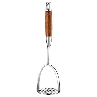 Imagem de UPTALY 1 espremedor de batatas em aço inoxidável com cabo de madeira Ross (35 cm x 8,5 cm), triturador de alho para engrossar, espremedor de abacate grande para prensar cenoura, banana, feijão, abóbora, frutas