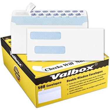 Imagem de Envelopes de janela dupla ValBox 500 unidades #8 com 3 5/8" x 8 11/16" Envelopes de verificação de segurança de janela dupla com flip e selo - Padrão de película de segurança projetado para envio seguro para home office