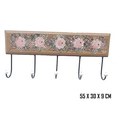 Imagem de cabideiro cabide ferroe madeira pintura flores 5 GANCHOS suporte parede pendurador bolsas roupas toalhas banheiro cozinha quarto