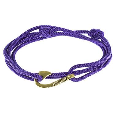 Imagem de West Coast Paracord Pulseiras masculinas ajustáveis com âncora náutica e anzol - Feito de corda de nylon (roxo brilhante, âncora dourada)