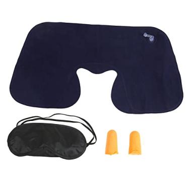 Imagem de Conjunto de capa para os olhos de viagem, travesseiro de pescoço inflável portátil para voos longos, travesseiro de suporte de pescoço com máscara para olhos e protetores de ouvido para aviões, carros, trens, viagem de negócios, dormir