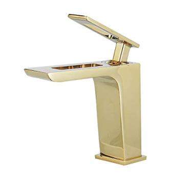 Imagem de Torneira para lavatório preta para pia misturadora para banheiro com cascata torneira de latão torneiras de água quente e fria para pia para montagem em convés, ouro