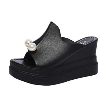 Imagem de Sandálias femininas sapatos de anabela impermeáveis femininos de fundo grosso sólido pérola chinelos femininos cunha de areia direita, Preto, 9