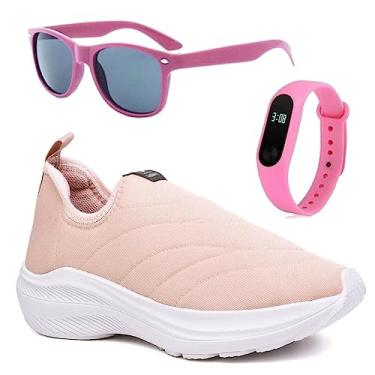 Imagem de Tenis Infantil Meninas Calce Facil Leve Tipo Meia + Oculos Relogio Cor:Rosa;Tamanho:29