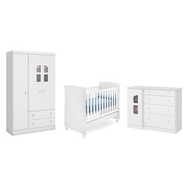 Imagem de Quarto Infantil Guarda Roupa 3 Portas, Cômoda Sapateira e Berço Mini Cama Amore Branco - Qmovi