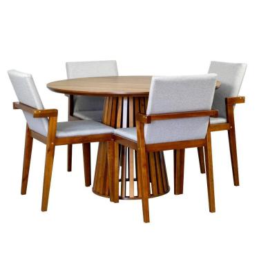 Imagem de Conjunto Mesa de Jantar Redonda Luana Amadeirada Natural 120cm com 4 Cadeiras Estofadas Isabela - Bege