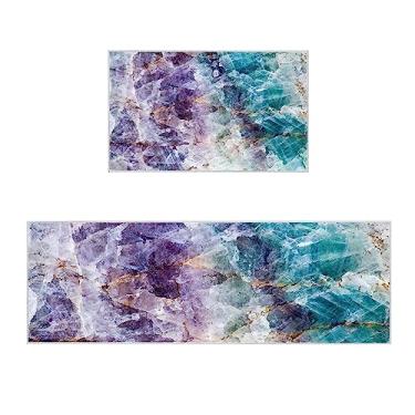 Imagem de Tapete de corredor de cozinha, textura de mármore colorido roxo azul tapete antiderrapante tapete de porta tapete para lavanderia cabeceira banheiro quarto conjunto de 2