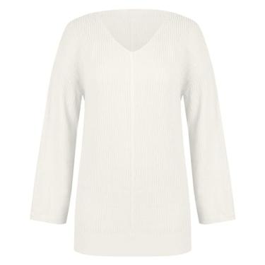 Imagem de Vestido feminino de cor sólida solto casual gola V comprimento médio suéter vestido maxi tule, Branco, GG