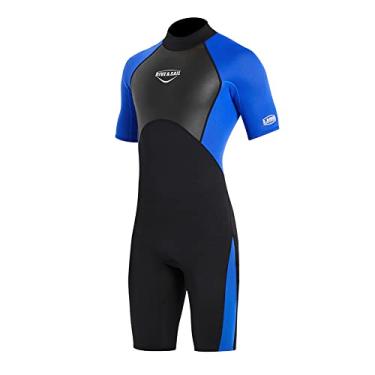 Imagem de Roupa de mergulho masculina feminina adulto shorty 2 mm neoprene molhado fato de mergulho térmico de manga curta maiô costas zíper para snorkeling caiaque esportes aquáticos (M, 2 mm masculino azul)