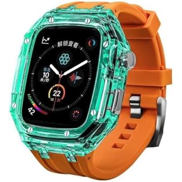 Imagem de SCHIK Kit de modificação capa protetora transparente pulseira de borracha para Apple Watch 45 mm e 44 mm, capa de relógio colorida de designer com pulseira de borracha para iWatch 8 7 6 5 4 SE (Cor:
