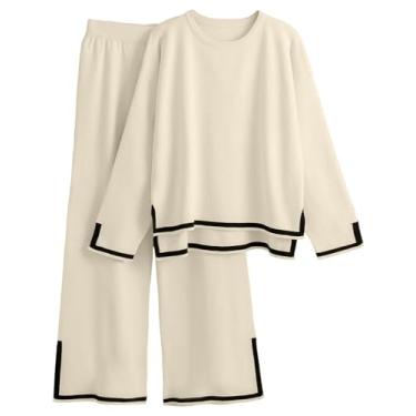 Imagem de Tankaneo Conjunto feminino de 2 peças de suéter de manga comprida pulôver de manga comprida calça larga, Off-white, XX-Large