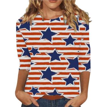 Imagem de Camisetas femininas 4th of July 4th of July Shirts Star Stripes 3/4 Sleeve Patriotic Tops Going Out Tops 2024, Vermelho - A, G