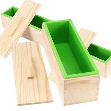 Imagem de MAHIONG Kit de moldes de sabão de silicone de 3 peças, 1,332 g, moldes retangulares verdes para fazer pão de silicone com 3 caixas de madeira e 3 tampas, suprimentos DIY para fabricação de sabonete