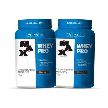 Imagem de 2x Whey Pro Protein Concentrado 1Kg - Max Titanium - Ganho de Massa Muscular (Pote, Morango)
