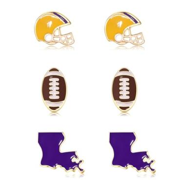 Imagem de 3 pares de brincos femininos de futebol americano para dia de jogo, capacete de futebol universitário, brincos esportivos para dia de corrida, roxo, azul, vermelho, acessórios para o dia do campo