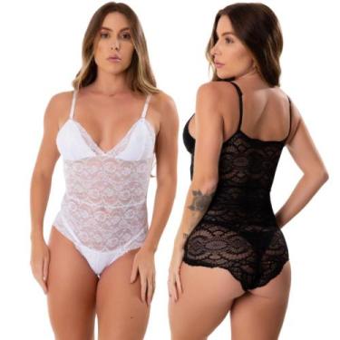 Imagem de Kit 2 Body Feminino De Renda Transparente Decotado Costa Nua Uma Alça 