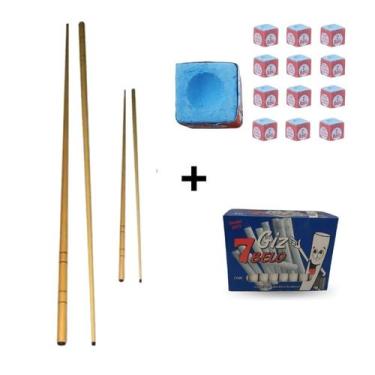 Imagem de Kit 2 Taco1,30m +2 Pequeno + Giz Azul + Branco Sinuca Bilhar - Tacolan