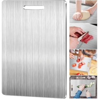Imagem de Tábua de corte de titânio, tábua de corte de aço inoxidável para cozinhar na cozinha, tábua de corte dupla face de tamanho grande, placa de titânio de grau alimentício para carne, frutas, legumes (13
