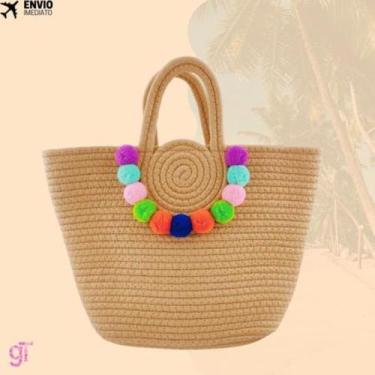 Imagem de Bolsa de Praia de Corda de Praia de Corda Bege com Pompom "Praia e Pas
