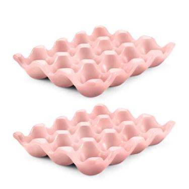 Imagem de Flexzion Porta-ovos de cerâmica com 12 xícaras para geladeira – dúzias de bandejas de cerâmica para ovos, organizador de armazenamento de recipientes de porcelana, suporte decorativo de servir para