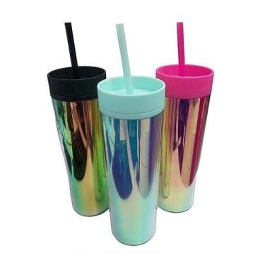 Imagem de Garrafa Cintilante Canudo 500Ml Parede Dupla Tampa Plástico - Plena Mi