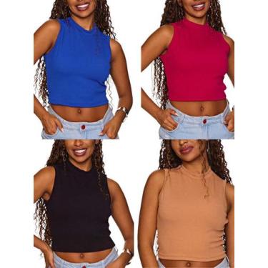 Imagem de Kit 4 blusa cropped regata gola alta feminino verão confortável  tam ú